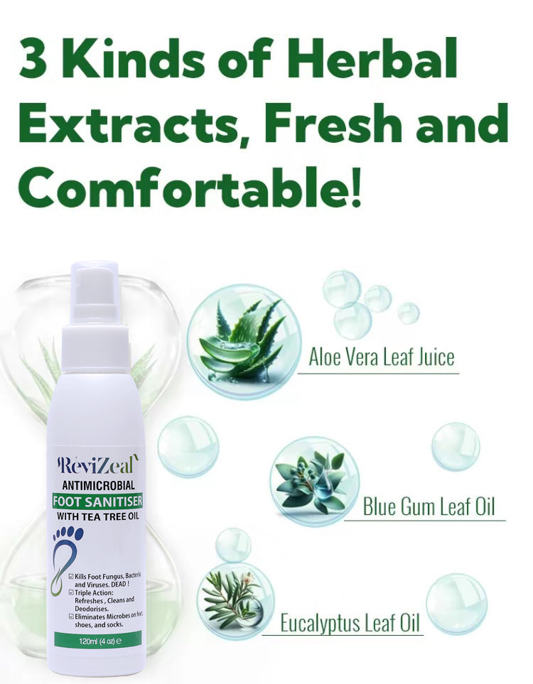 ReviZeal Foot Care Sanitizer Spray with Tea Tree Oil, 4-Ounce/120ml Bottle,24 Hour Sanitizing and Antibacterial Spray