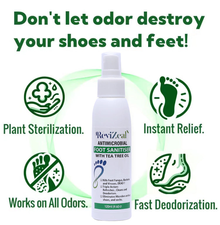 ReviZeal Foot Care Sanitizer Spray with Tea Tree Oil, 4-Ounce/120ml Bottle,24 Hour Sanitizing and Antibacterial Spray