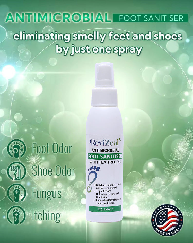 ReviZeal Foot Care Sanitizer Spray with Tea Tree Oil, 4-Ounce/120ml Bottle,24 Hour Sanitizing and Antibacterial Spray