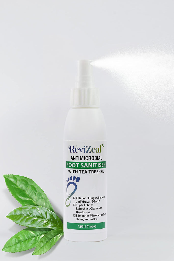 ReviZeal Foot Care Sanitizer Spray with Tea Tree Oil, 4-Ounce/120ml Bottle,24 Hour Sanitizing and Antibacterial Spray