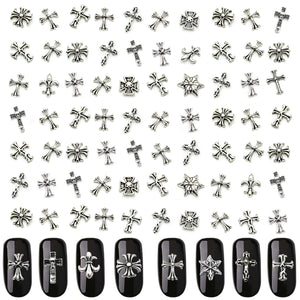 Amourwa 100 Pcs 3D Crosses Nail Charms Vintage Silver/ Gold Chrome