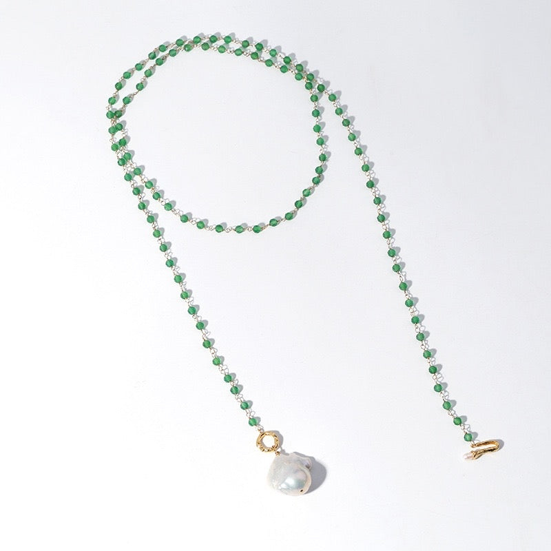 Amourwa Natural Pearl Green Agate Necklace Jewelry