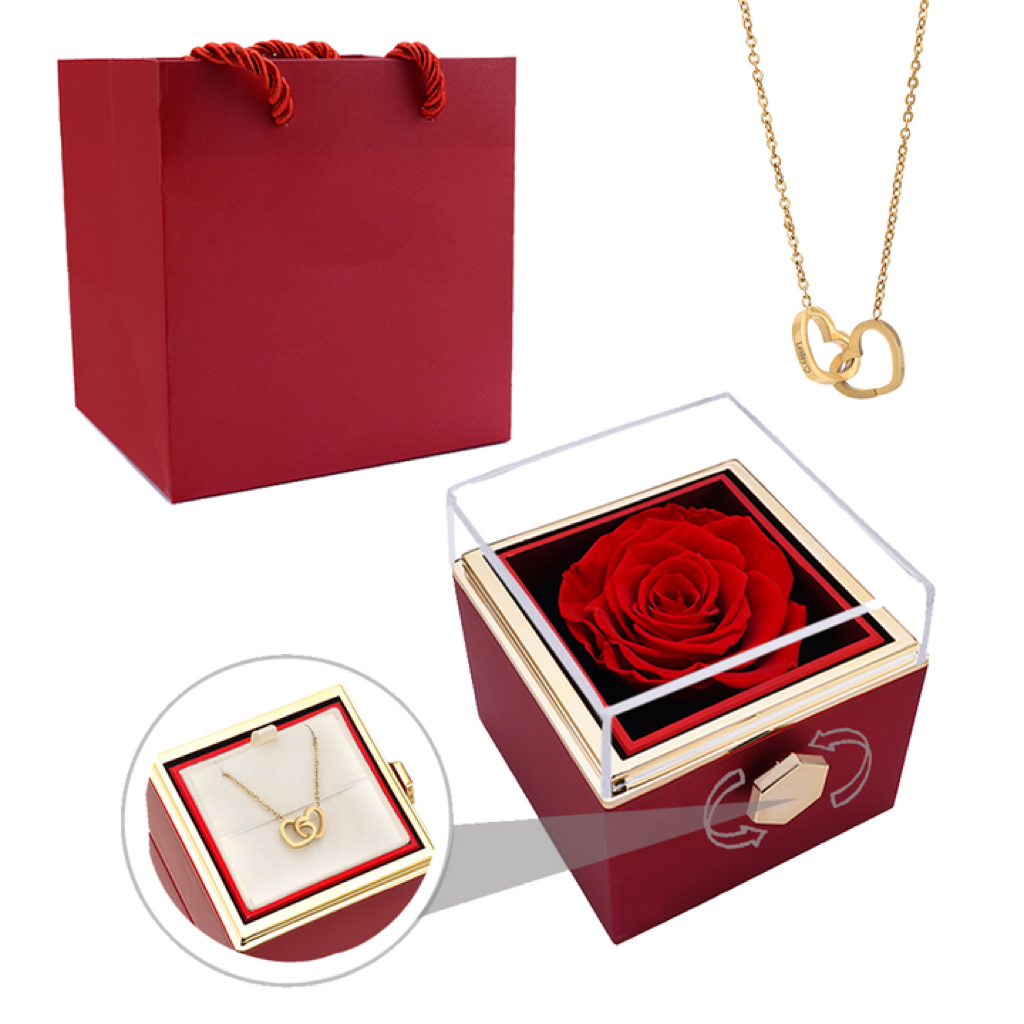 Amourwa Eternal Real Rose Jewelry Box With Custom Engraved Necklace