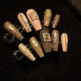 Fendi inspired glue on nails with luxury 3D charms, salon quality coffin fake nails.