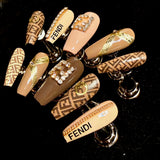 Handmade luxury Fendi style press on nails featuring iconic monogram pattern, designer false nails.