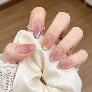 Handmade pink blush cat eye press on nails with magnetic velvet shimmer