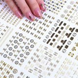 Luxury designer nail stickers featuring iconic brand logos and monogram patterns, 3D nail art decals.