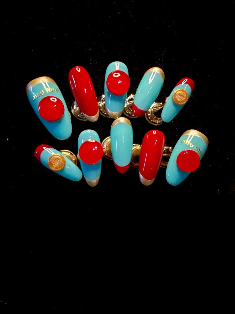 Handmade luxury Miumiu style press on nails with pearls and crystals, designer false nails.