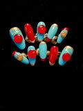 Handmade luxury Miumiu style press on nails with pearls and crystals, designer false nails.