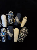 Luxury Dior style press on nails with crystals, handmade almond fake nails.