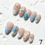 Amourwa luxury handmade 3D flower and starfish press-on nails display. Features beautiful nude almond nails with blue ocean beach themes, detailed with 3D embossed floral charms, textured starfish, realistic clear water droplets, and trendy blue and white plaid French tips for a summer vacation manicure.