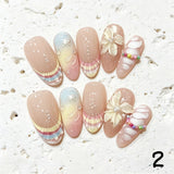 Amourwa luxury handmade 3D shell mermaidcore press-on nails display. Showing exquisite pastel rainbow gradient French tip nails collections with 3D embossed floral designs, pearl embellishments, and textured seashell details for a trendy summer Y2K manicure.