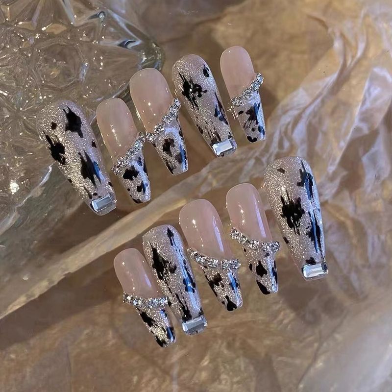 NO.9Amourwa custom T Type Pink Leopard Rhinestone Pearl Nail Long-lasting Resuable Press On Nail