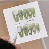 NO.10Amourwa customT Type Green Floral Rhinestone Nail Long-lasting Resuable Press On Nail