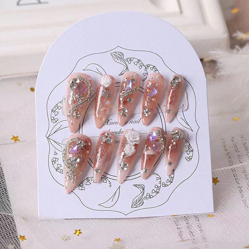 NO.25Amourwa Almond Type Camellia custom Rhinestone Nail Long-lasting Resuable Press On Nail handmade nails