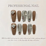 NO.30 Amourwa customT Type Nails Brown Rhinestone Nail Long-lasting Resuable Press On Nail handmade nails