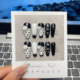 NO.41CustomT Type NailsBlack Camellia Rhinestone Nail Long-lasting Resuable Press On Nail handmade nails