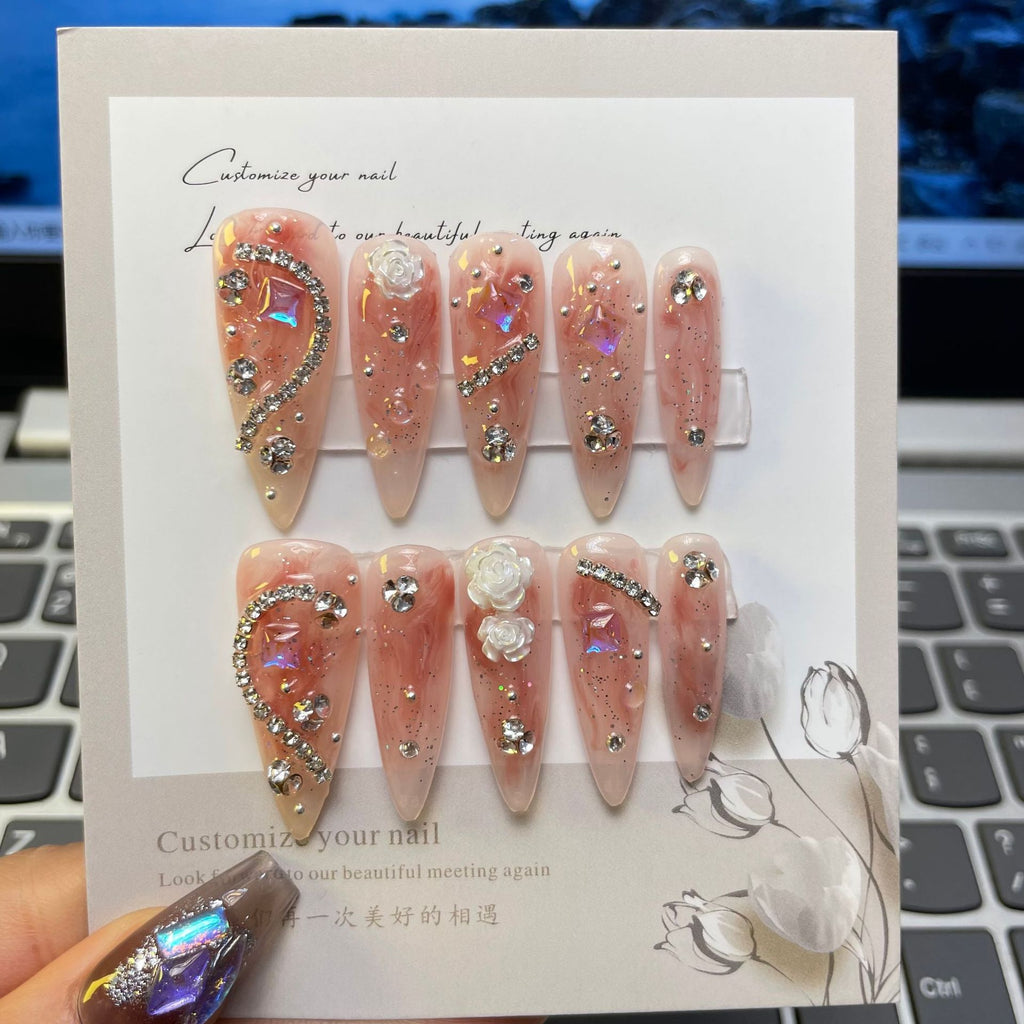 NO.13Amourwa custom Almond nails Flower Nail Long-lasting Resuable Press On Nail handmade nails