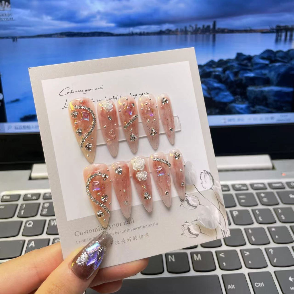 NO.13Amourwa custom Almond nails Flower Nail Long-lasting Resuable Press On Nail handmade nails