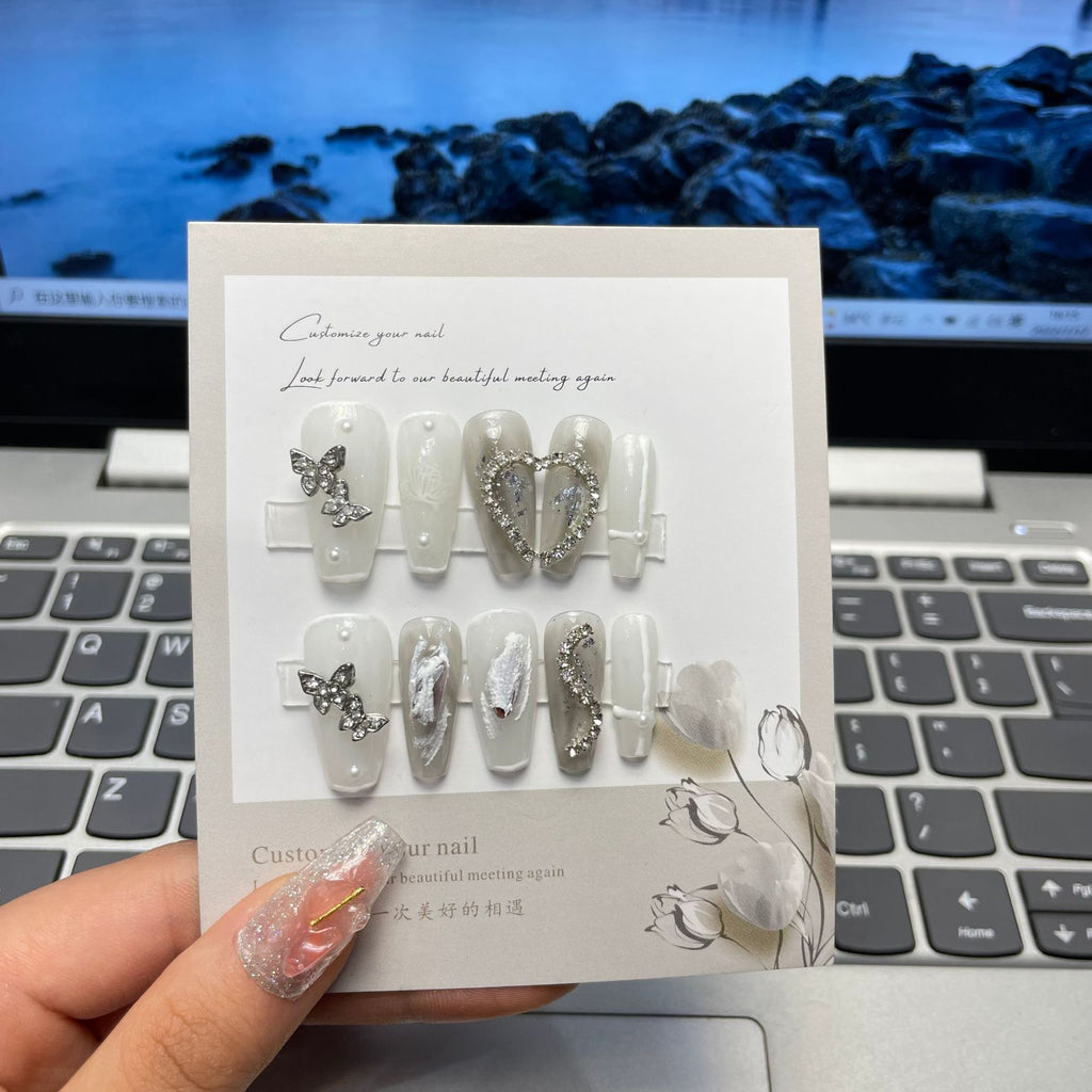 NO.45 Amourwa Custom T Type Nails Rhinestone Nail butterfly Long-lasting Resuable Press On Nail handmade nails