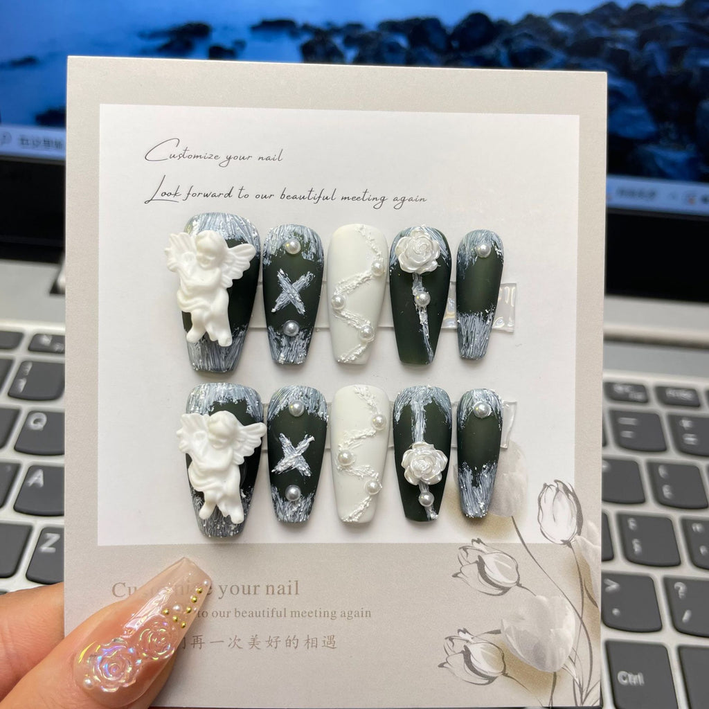 NO.39 Amourwa customT Type Nails Angle Camellia Nail handmade nails