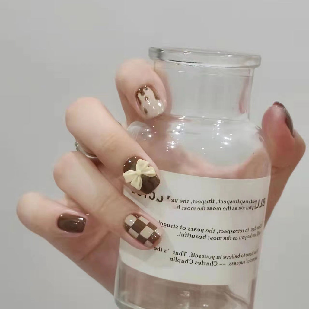 NO.53 Amourwa Custom Nails bowknot Long-lasting Resuable Press On Nail handmade nails