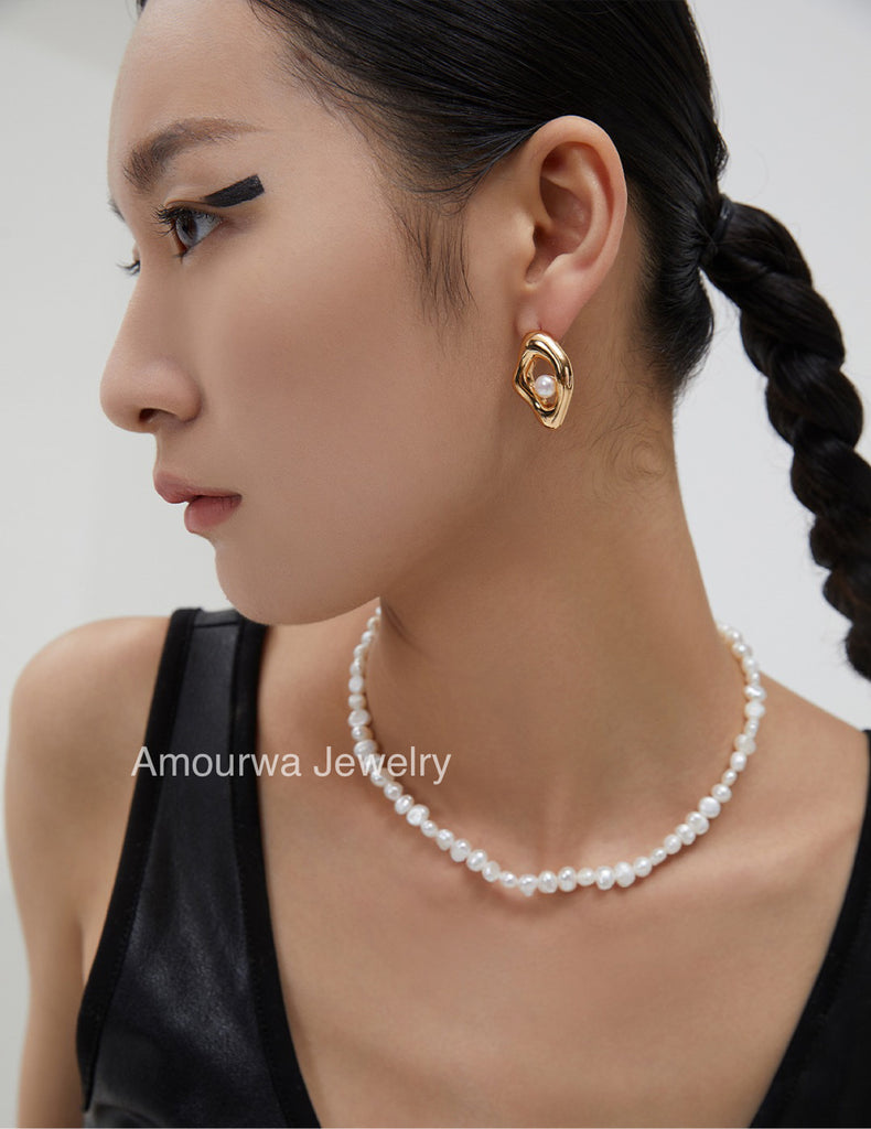 Amourwa Pearl Silver Necklace/Earring Handmade Jewelry