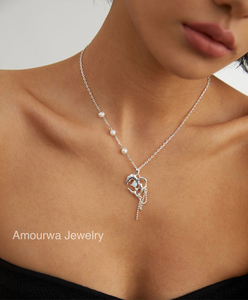 Amourwa Pearl Silver Necklace/Bracelet/Ring Handmade Jewelry