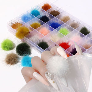 24PCS Cute Magnetic Nail Poms Mink Fleece Detachable 3D Nail Charms
